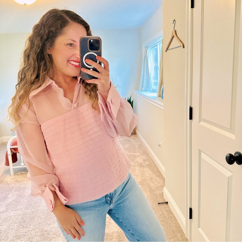 Jovani Pink Pleated Long Sleeve Top Blouse 14